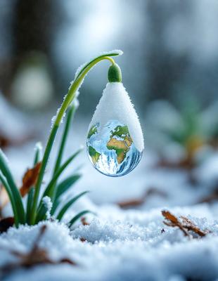 The primary subject of the image is a small, clear glass globe with a map of the world inside it. The globe is hanging from a stem, and it appears to be made of glass. The setting is a snowy environment, with the globe suspended in the air. The visual style is a close-up of the globe, showcasing its intricate details. The colors and mood of the image are predominantly white, with the snowy background creating a serene and peaceful atmosphere.